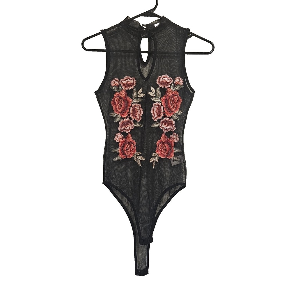 Black Sheer Mesh Floral Bodysuit Sz M Dark Romantic Whimsigoth Coquette A'GACI